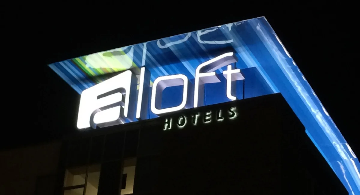 Channel letter storefront illuminated at night