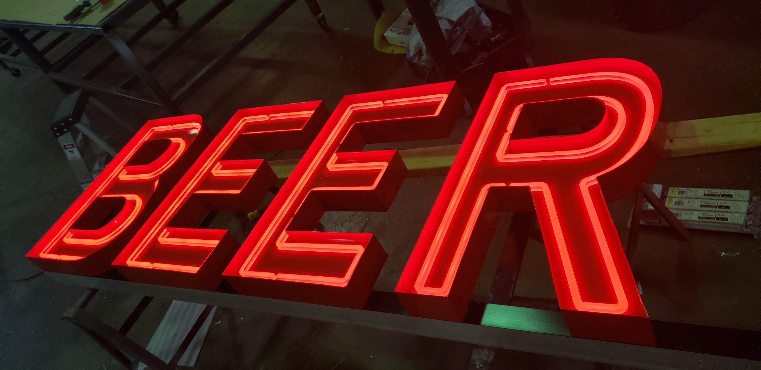 Open face channel letters with exposed LED retro neon look